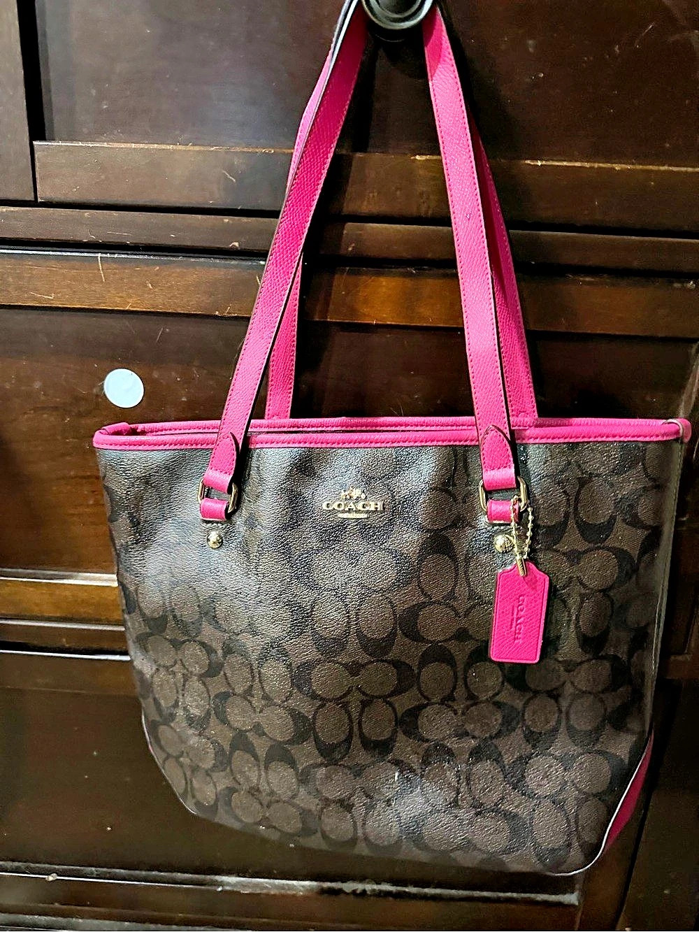 Coach Zip Top Tote In Signature Canvas F29208 Brown & Pink